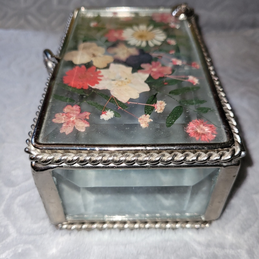Amazing Pressed Flowers Beveled Glass Jewelry/Trinket Box - Picture 13 of 16